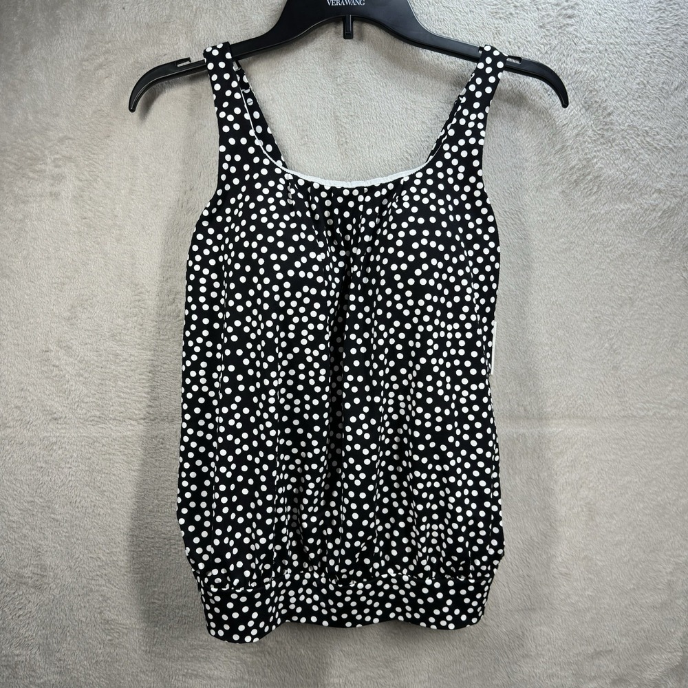 Lands' End Blouson Tankini Top Women's Sz 6 Black Polka Dot Ditsy Dot Modest NEW